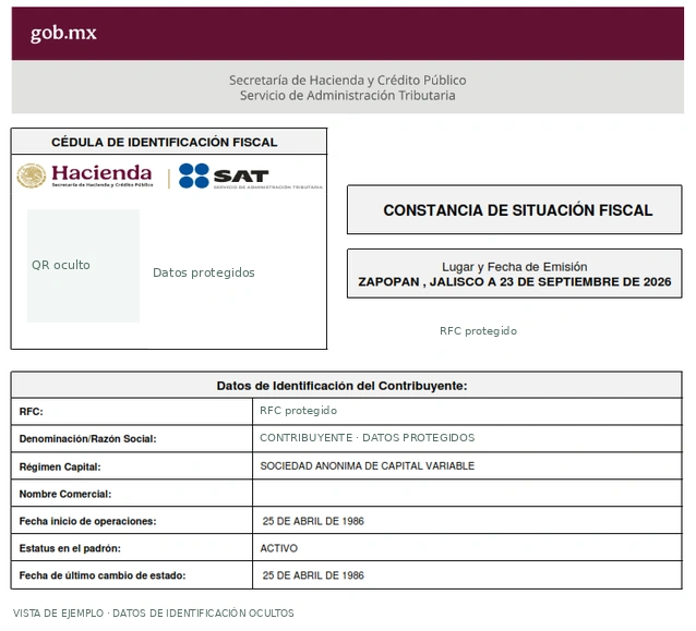 Ejemplo de constancia de situación fiscal emitida el día de la captura, con datos de identificación ocultos